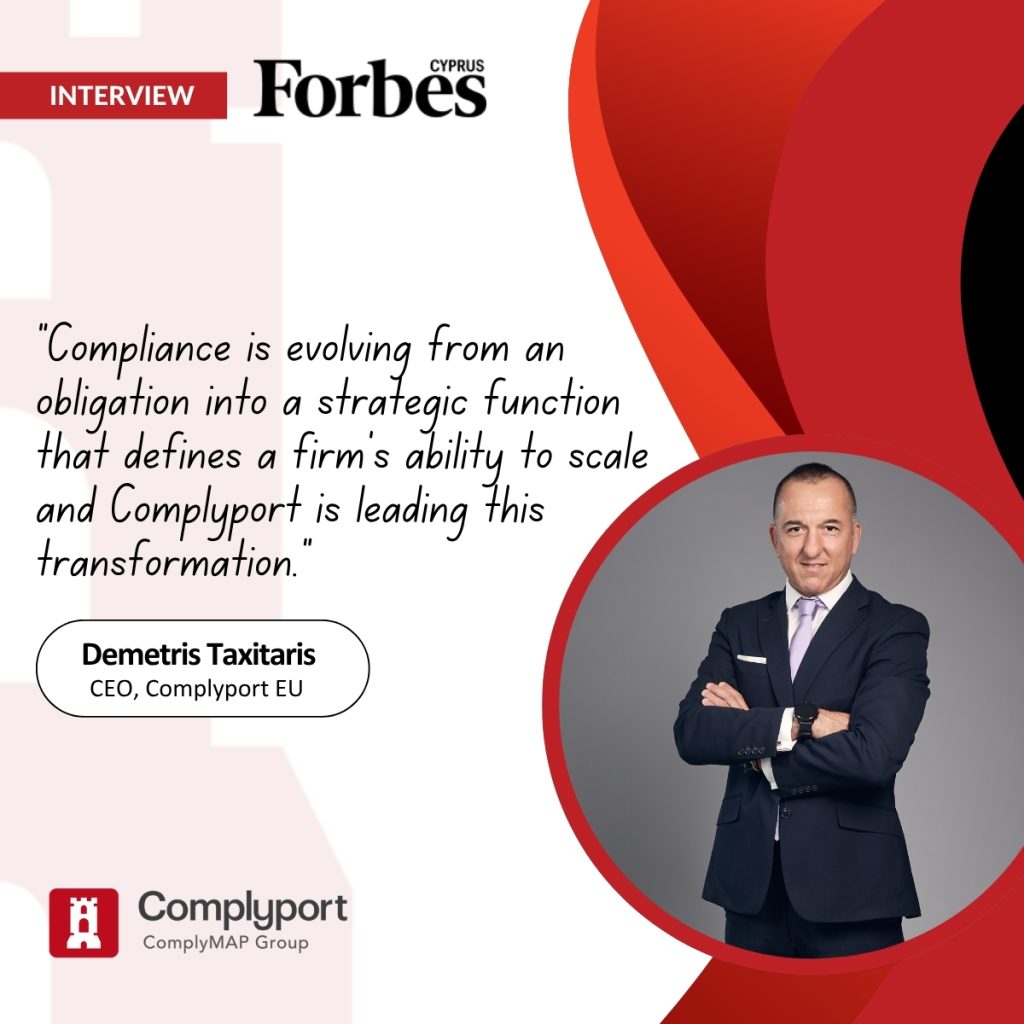 Forbes Cyprus interview banner with quote from Demetris Taxitaris, CEO of Complyport EU, and a circular portrait of him in a suit.