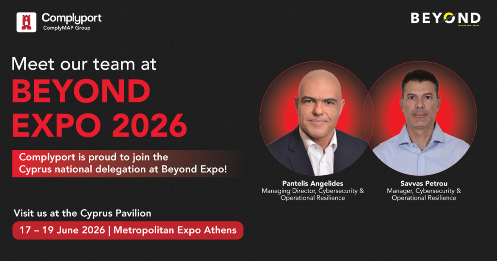 Promotional banner announcing Complyport's Cyprus delegation at Beyond Expo 2026, with two headshots and event details (17–19 June 2026, Athens).