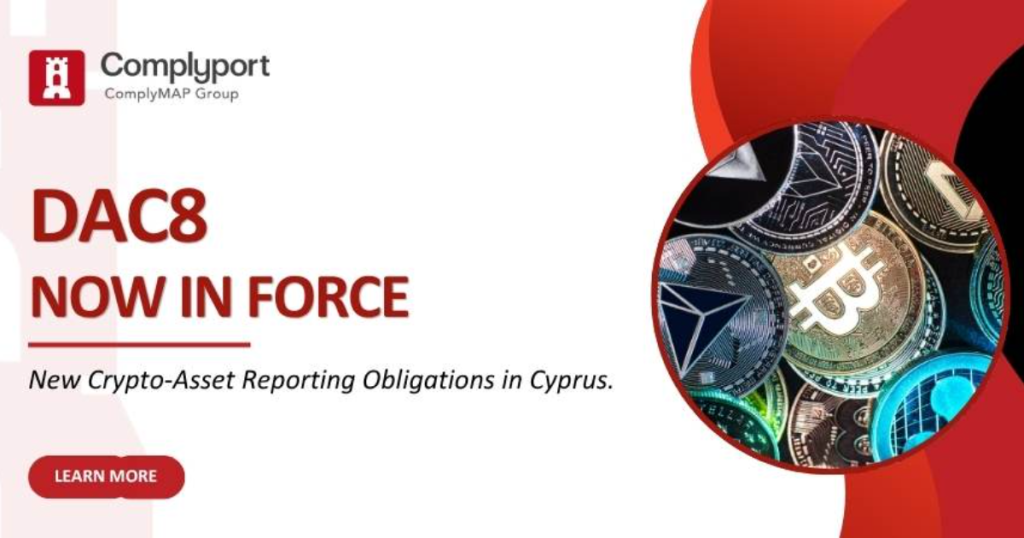 Complyport banner announcing 'DAC8 NOW IN FORCE' with subtitle 'New Crypto-Asset Reporting Obligations in Cyprus' and a circle of crypto coins on the right. 'Learn More' button visible.