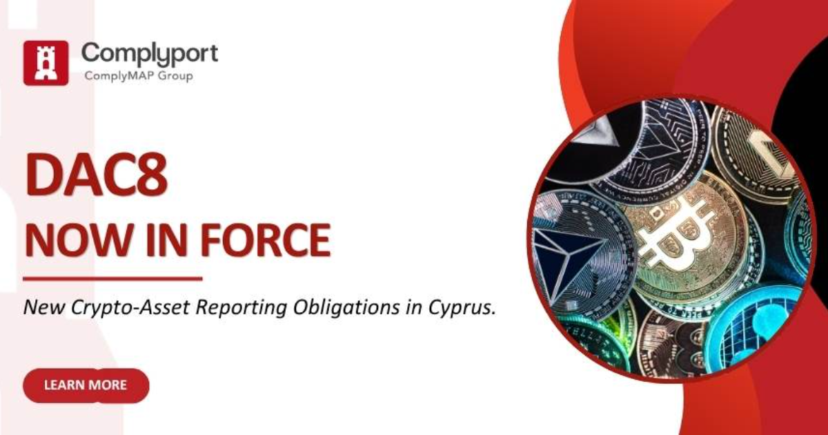 Complyport banner announcing 'DAC8 NOW IN FORCE' with subtitle 'New Crypto-Asset Reporting Obligations in Cyprus' and a circle of crypto coins on the right. 'Learn More' button visible.