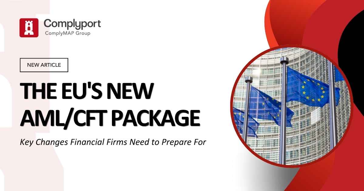 Hero banner for Complyport article: 'THE EU'S NEW AML/CFT PACKAGE' with EU flag photo on the right.