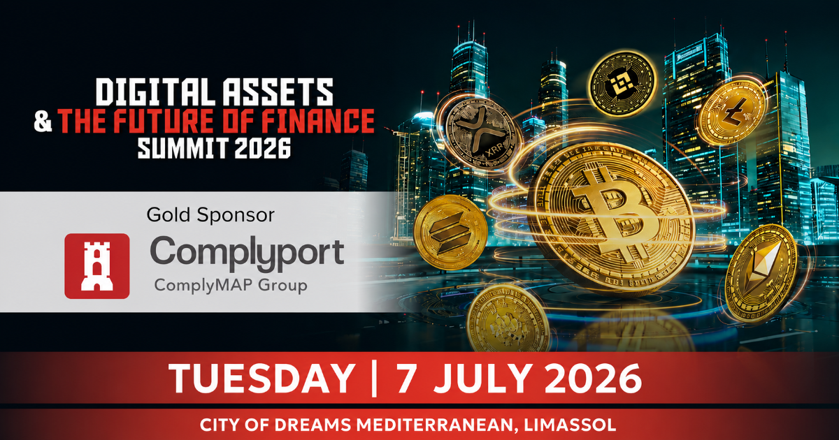 Banner for Digital Assets & The Future of Finance Summit 2026 with gold coins over a city skyline; Gold Sponsor Complyport logo and name; date Tuesday, 7 July 2026 in Limassol