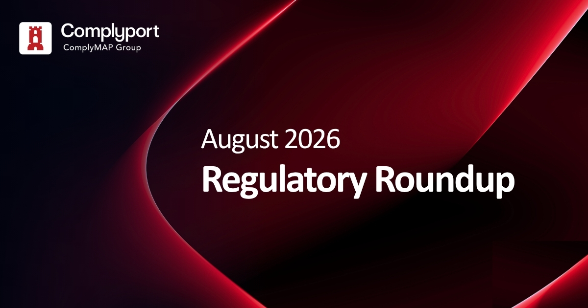 Complyport logo in the top-left with the title 'August 2026 Regulatory Roundup' on a dark red abstract background.