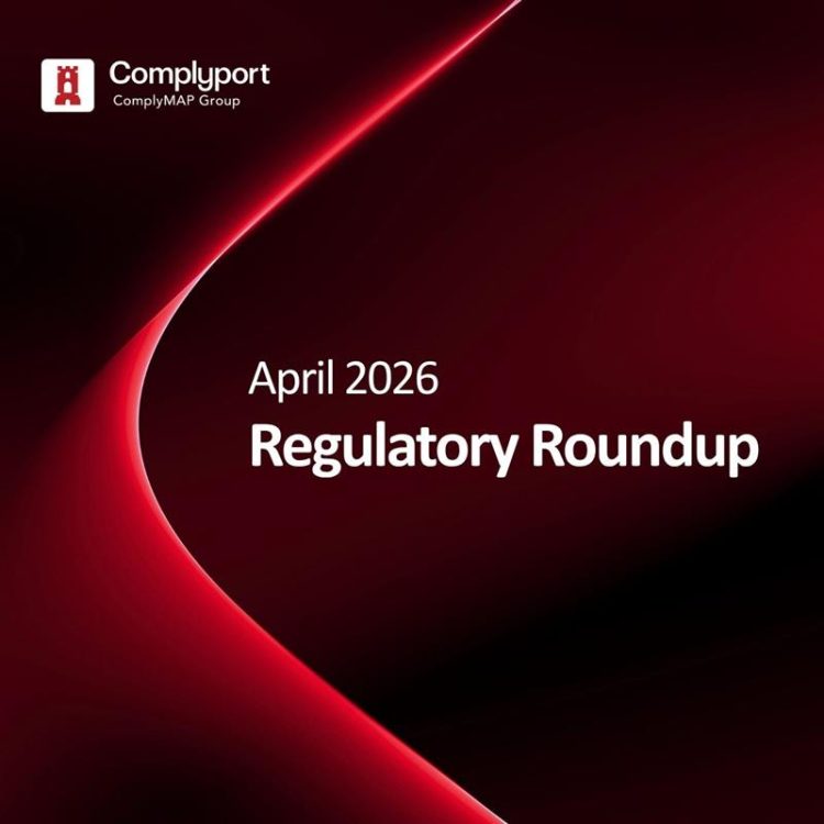 Cover slide: 'April 2026 Regulatory Roundup' by Complyport on a red curved background.