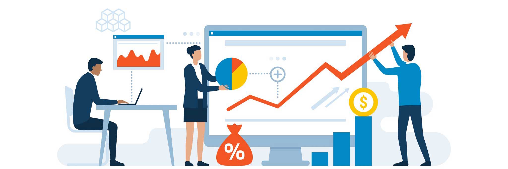 Team analyzes data on a large monitor with a rising orange arrow and charts, representing business growth/analytics.