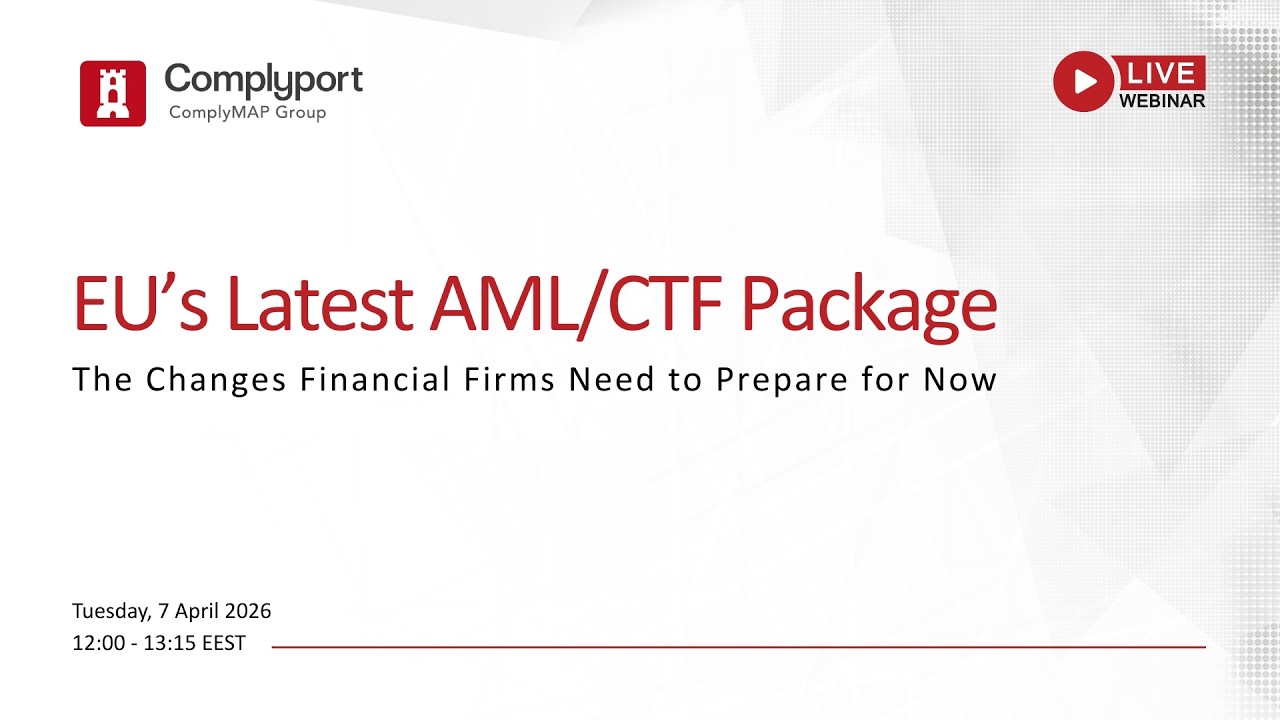 Slide for a webinar: 'EU’s Latest AML/CTF Package' with subtitle about changes financial firms need to prepare for now, branding by Complyport.