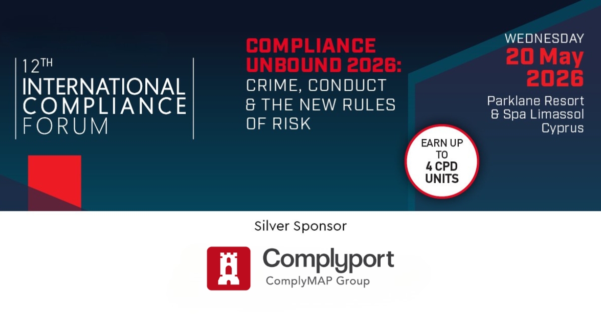 Banner for the 12th International Compliance Forum: Compliance Unbound 2026, May 20, 2026, Cyprus; Silver Sponsor Complyport/ComplyMAP Group logo.