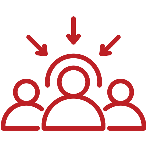 Three red outlined people with three arrows pointing toward the central figure, emphasizing the focal person in a team.