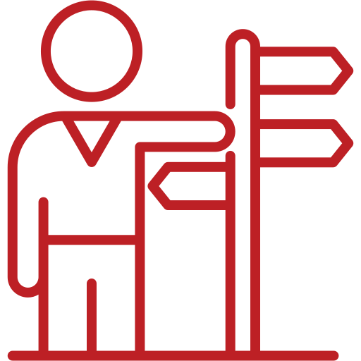 Red outline of a person standing beside a multi-arrow signpost, indicating directions (icon-style illustration).