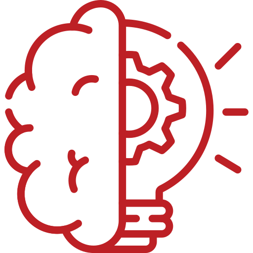 Red line illustration of a brain fused with a lightbulb and gear, symbolizing ideas and thinking for innovation and problem solving.