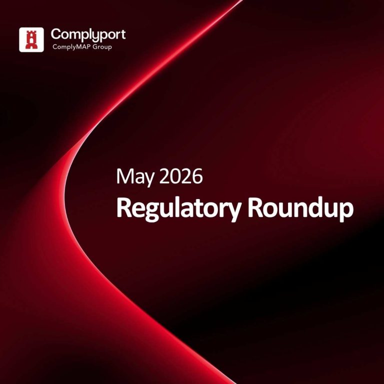 May 2026 Regulatory Roundup title slide by Complyport on a dark red abstract background.