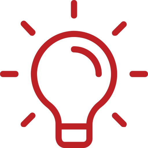 Red outline light bulb icon with rays, signaling a bright idea or insight.