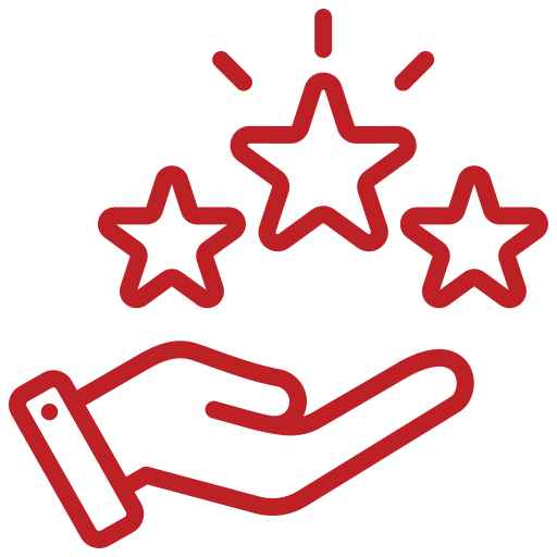 Red line drawing of a hand with three stars above, symbolizing rewards or achievement.