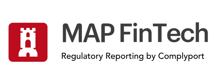 MAP FinTech logo: red rounded-square icon with a white castle tower, followed by the gray wordmarkComplyport Tech .