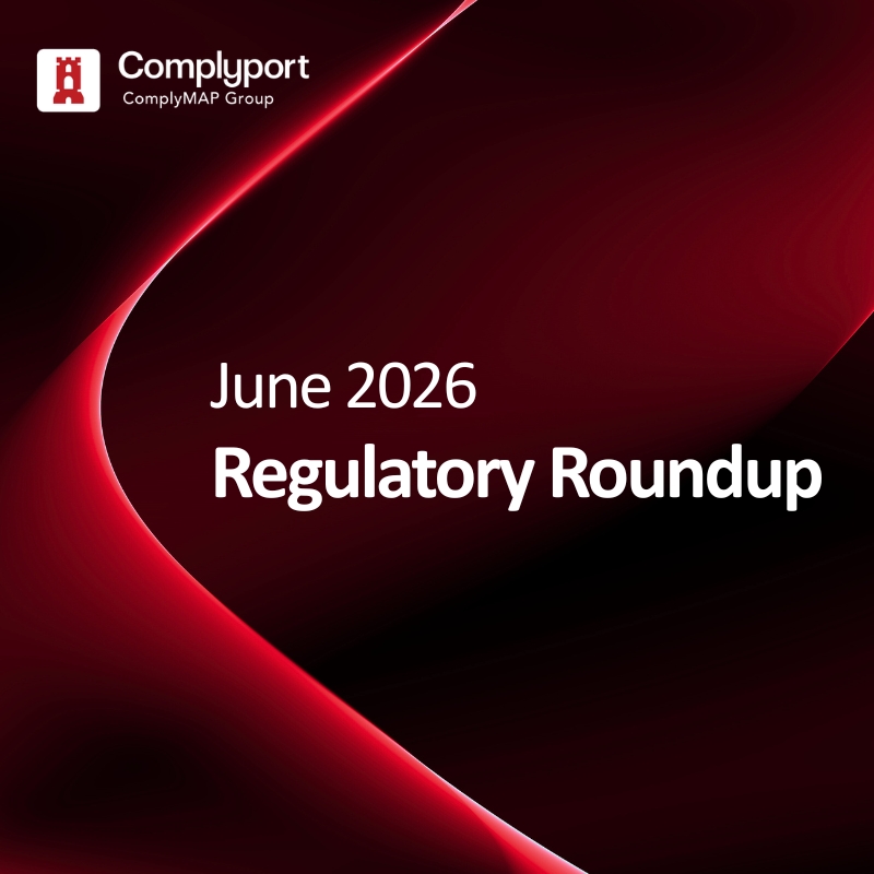 Cover slide for June 2026 Regulatory Roundup by Complyport, with a red abstract background and logo.