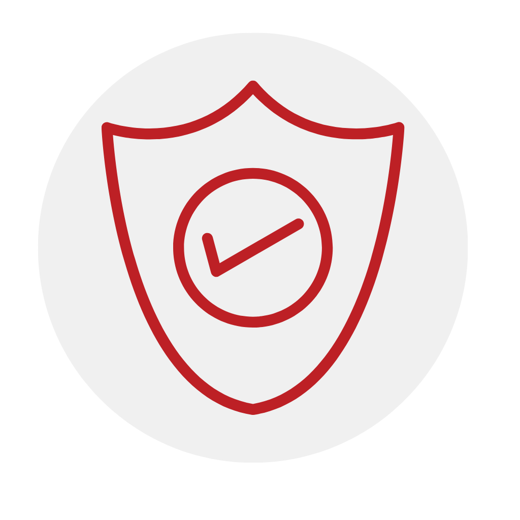 Security shield with a red checkmark indicating verified protection on a light gray circular background